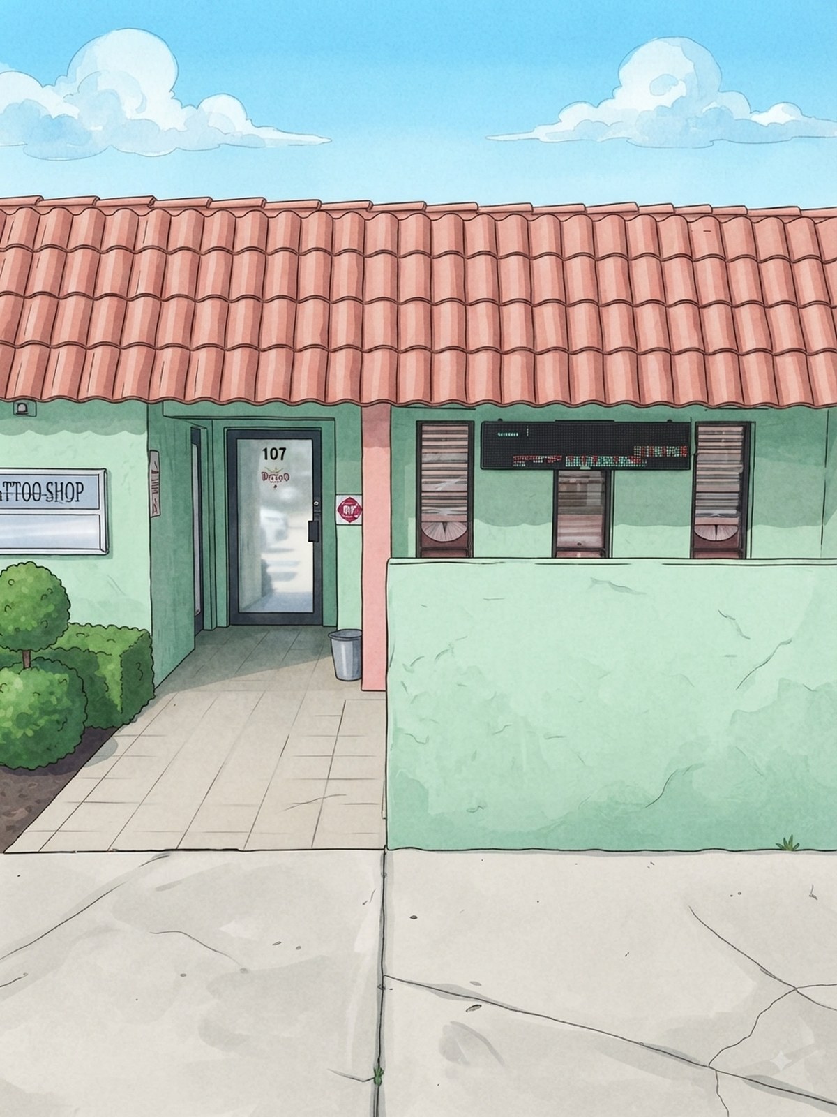 Watercolor of THE TATTOO SHOP storefront, suite 107, Lake Worth Beach
